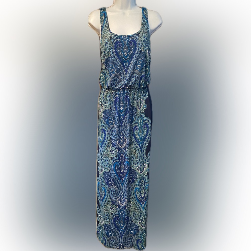 Maurice’s size 0 tank maxi dress elastic waist paisley blue green polyester